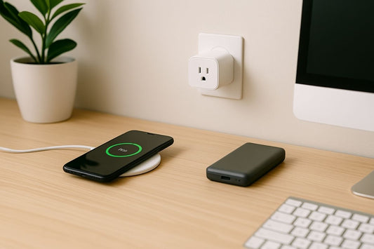 A minimalist desk setup with affordable tech gadgets, including a wireless charger, power bank, smart plug, computer monitor and keyboard