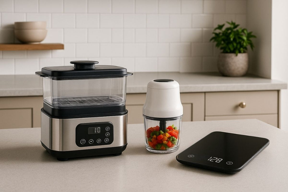 Three budget-friendly kitchen gadgets under £50 including a digital vegetable steamer, mini food chopper, and digital kitchen scale on a wooden surface