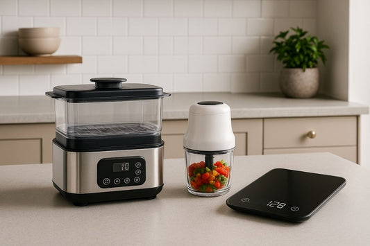Three budget-friendly kitchen gadgets under £50 including a digital vegetable steamer, mini food chopper, and digital kitchen scale on a wooden surface
