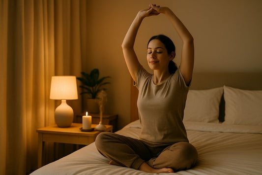 A woman sitting on her bed with arms raised in a meditative pose, representing a calming nighttime routine for better sleep