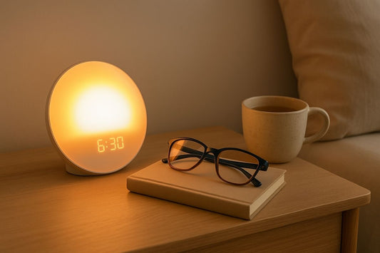 A calming bedside scene featuring a sunrise alarm clock, blue light glasses, and a journal with herbal tea — tools for a balanced digital detox in 2025.