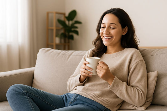 A woman relaxing comfortably on a sofa at home, representing stress-free living after simple daily upgrades