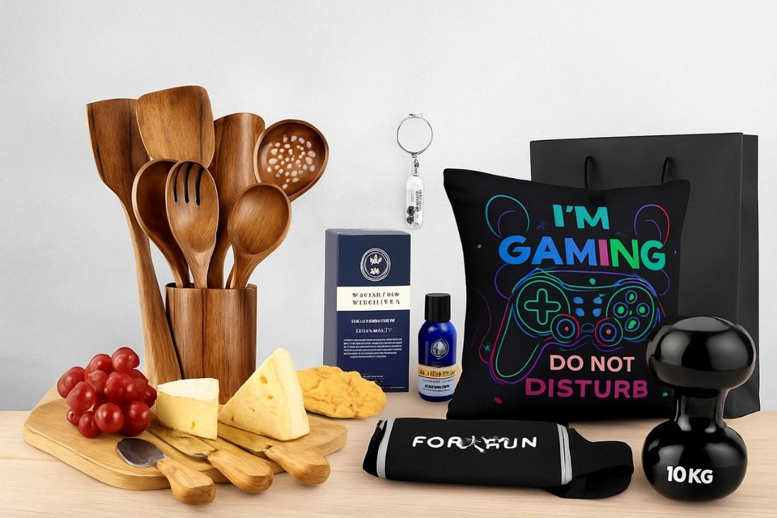 Minimal modern header image with wrapped gift, coffee mug and lifestyle accents for gift guide