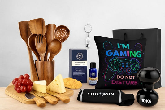 Minimal modern header image with wrapped gift, coffee mug and lifestyle accents for gift guide