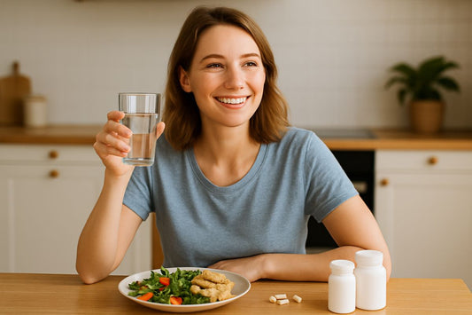 A smiling woman enjoying a healthy meal with supplements and a glass of water, representing balanced support while using GLP-1 medication