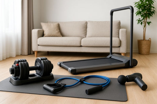 A modern home workout space with adjustable dumbbells, smart resistance bands, a compact treadmill, and a mini massage gun neatly arranged for easy fitness at home.