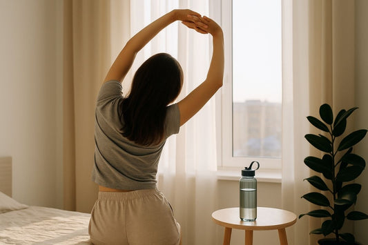 A bright morning scene showing a calm, simple routine with sunlight, water, and mindful preparation