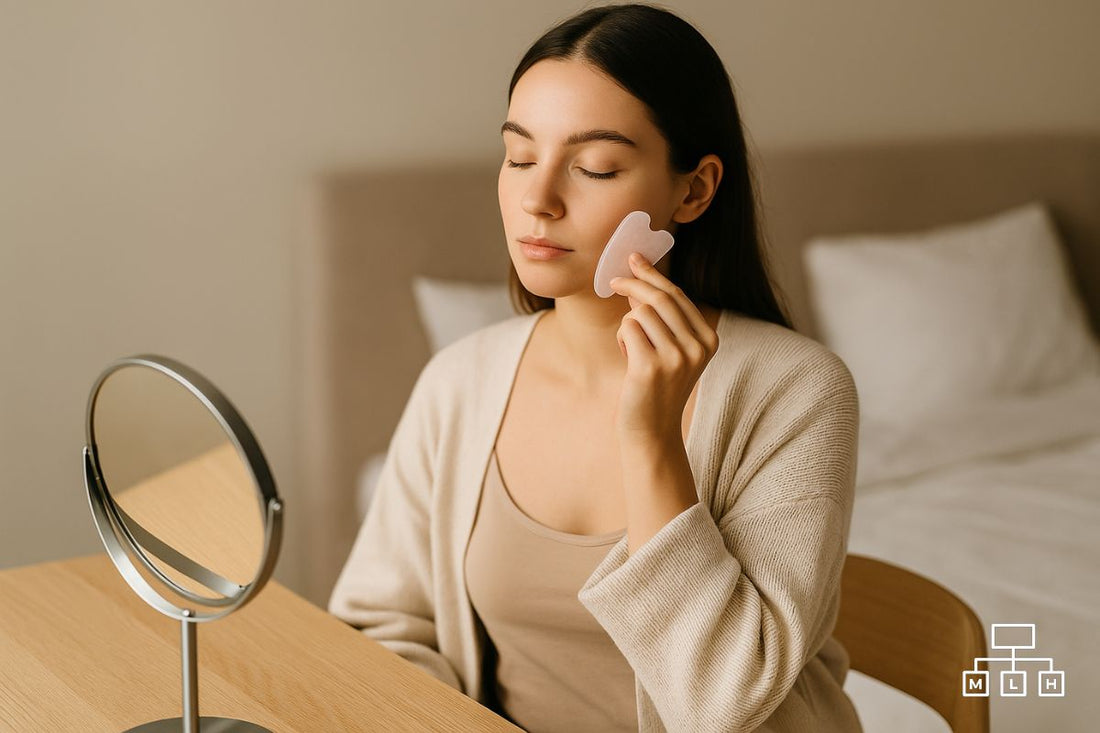 Woman using a gua sha at a dressing table in soft natural light, minimalist bedroom setting
