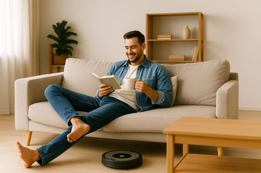 A man relaxing on a sofa with a book and coffee while a robot vacuum cleans the floor, symbolising how smart home gadgets save time in 2025