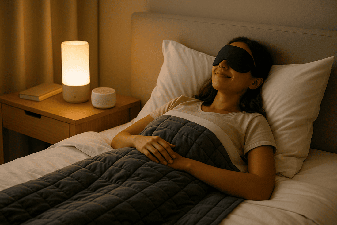 A young woman relaxing in a dimly lit bedroom with smart sleep gadgets, representing 2025 technology for better rest