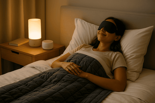 A young woman relaxing in a dimly lit bedroom with smart sleep gadgets, representing 2025 technology for better rest