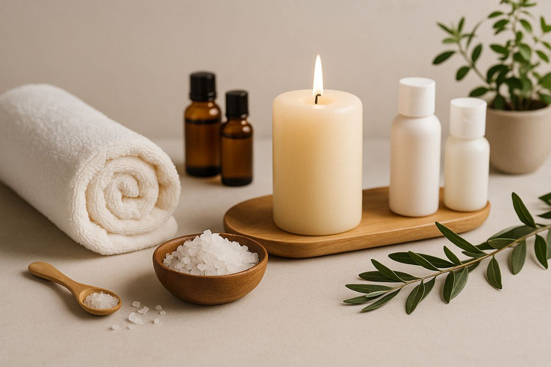 A calming spa-like arrangement with candlelight, towels, bath salts, and skincare bottles, symbolising at-home self-care and relaxation