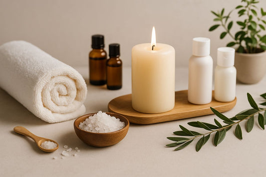 A calming spa-like arrangement with candlelight, towels, bath salts, and skincare bottles, symbolising at-home self-care and relaxation