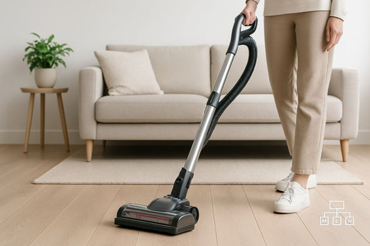 Modern minimalist living room with upright vacuum cleaner on wooden floor