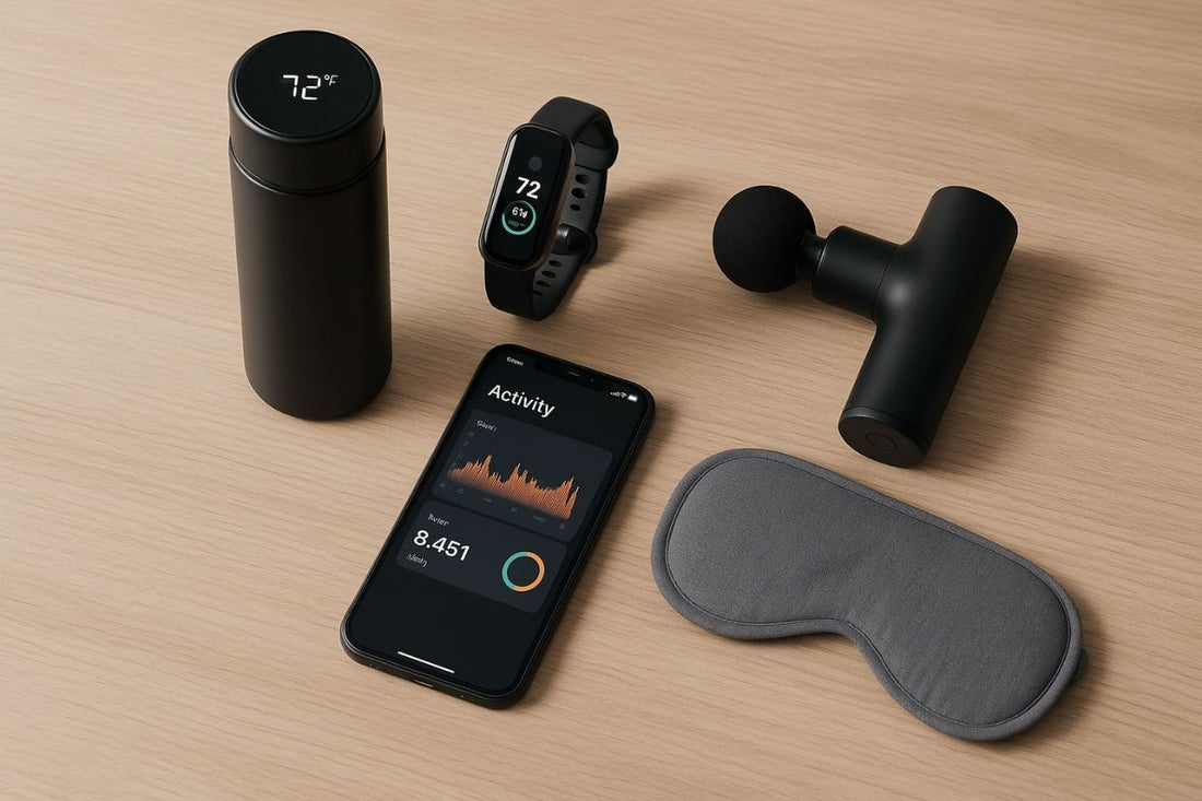 A flat-lay of wellness gadgets including a smart water bottle, fitness tracker, smartphone with activity app, mini massage gun, and sleep mask on a wooden desk