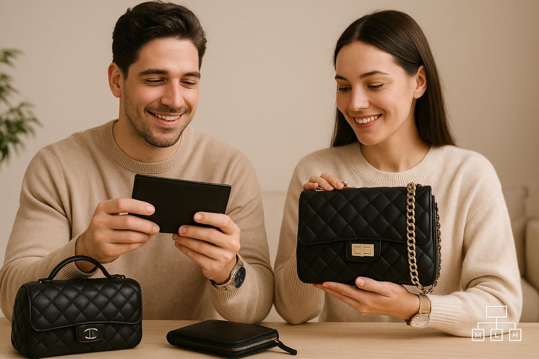 man and woman smiling while admiring designer-inspired handbag and wallet in neutral setting