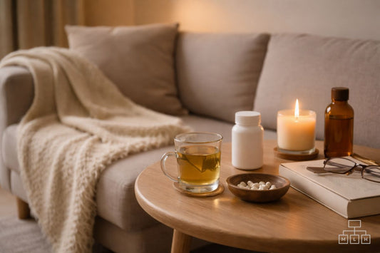 Cosy evening routine with herbal tea, candlelight and supplements on a coffee table