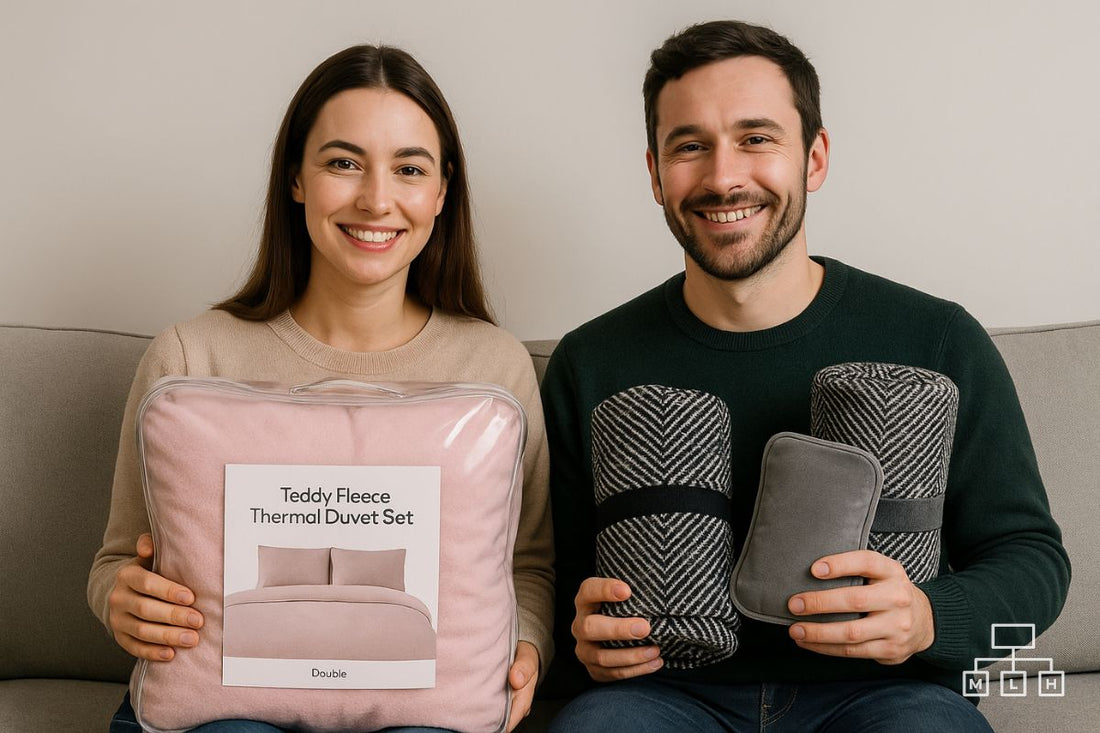 man and woman smiling while holding winter bedding and blanket in a cosy neutral room