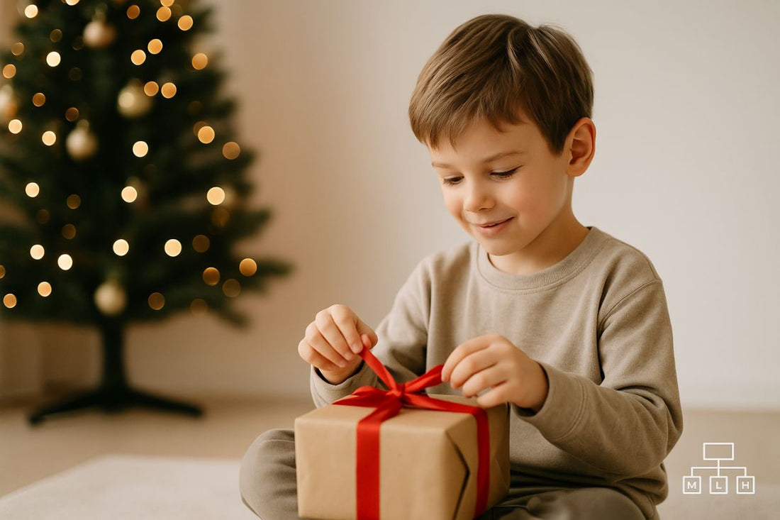 Young boy opening a Christmas gift beside a softly lit tree in a warm cosy room