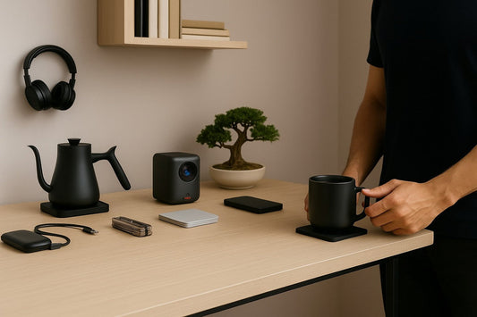Minimal modern desk with coffee mug, kettle, bonsai tree and gadgets in soft natural light.