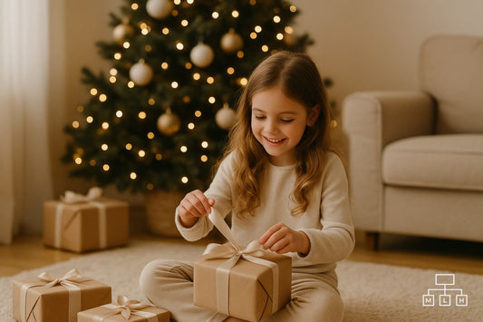 Girl unwrapping a Christmas gift beside a softly lit tree