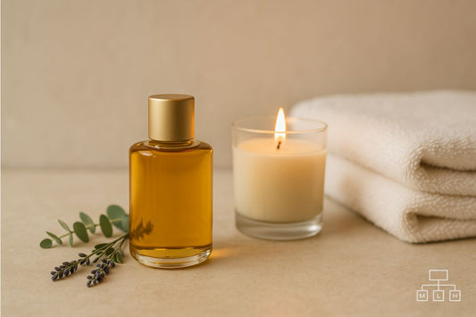 Minimal spa-style flat lay with amber bath oil bottle, candle and folded towels on neutral background