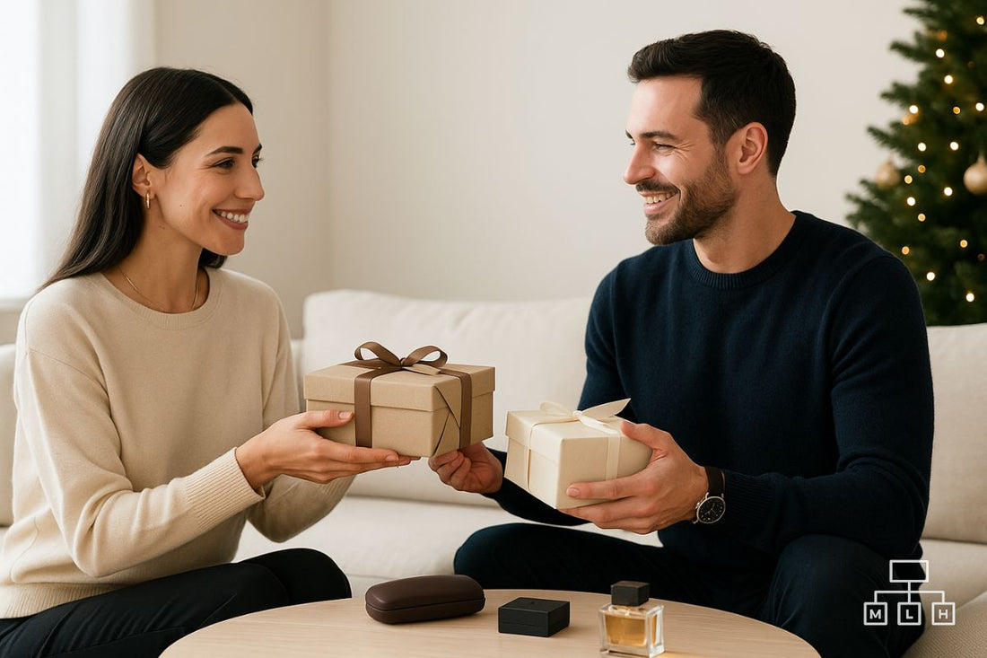 Man and woman exchanging Christmas gifts in a modern, minimalist living room