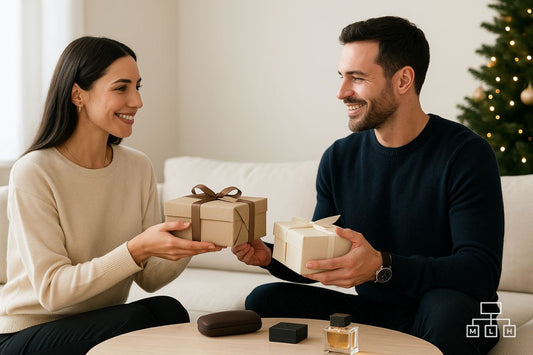 Man and woman exchanging Christmas gifts in a modern, minimalist living room