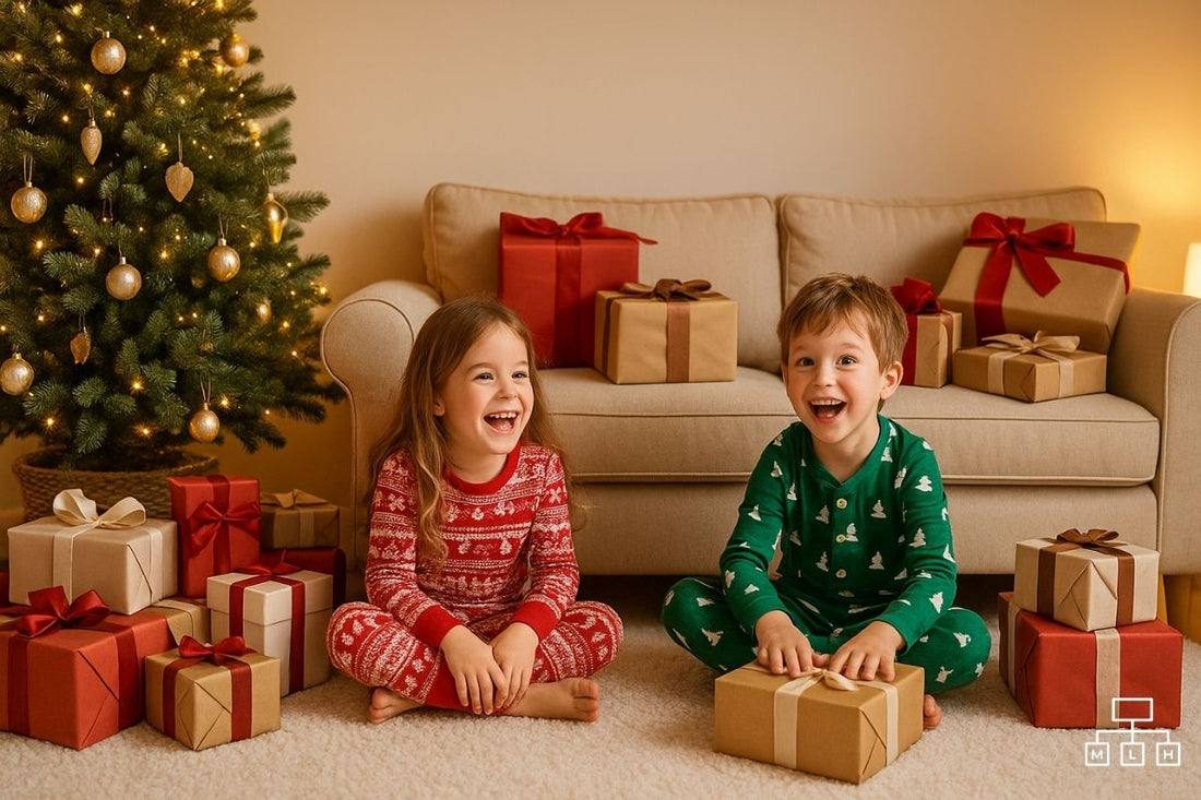 A cozy minimalist beige living room decorated for Christmas with a tree, wrapped presents, and two excited children in festive pyjamas playing on a soft carpet.