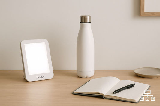 clean counter top with a stainless steel water bottle and light therapy lamp to help start the day without more coffee