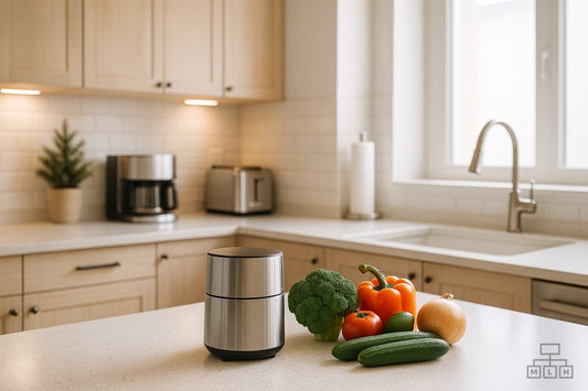 A minimalist modern kitchen with an air fryer on a counter surrounded by fresh vegetables in natural light.