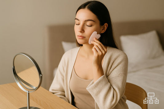 Woman using a gua sha at a dressing table in soft natural light, minimalist bedroom setting
