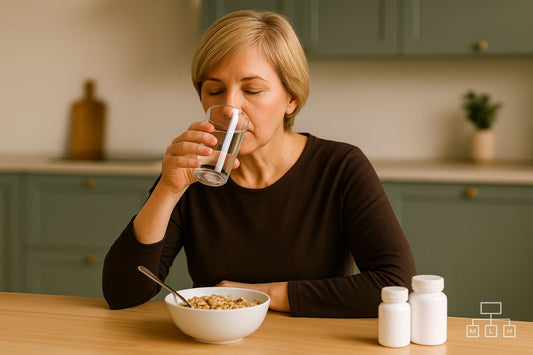 Middle-aged woman drinking water with supplements and cereal on a kitchen table.
