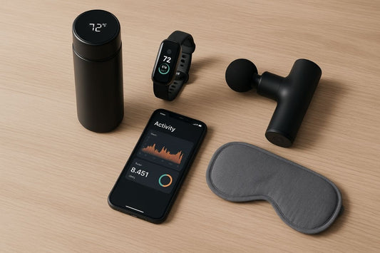 A flat-lay of wellness gadgets including a smart water bottle, fitness tracker, smartphone with activity app, mini massage gun, and sleep mask on a wooden desk