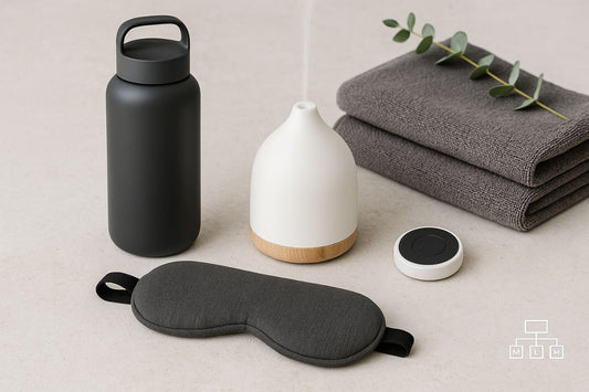 Calm lifestyle setup with modern wellness gadgets on a light stone surface.
